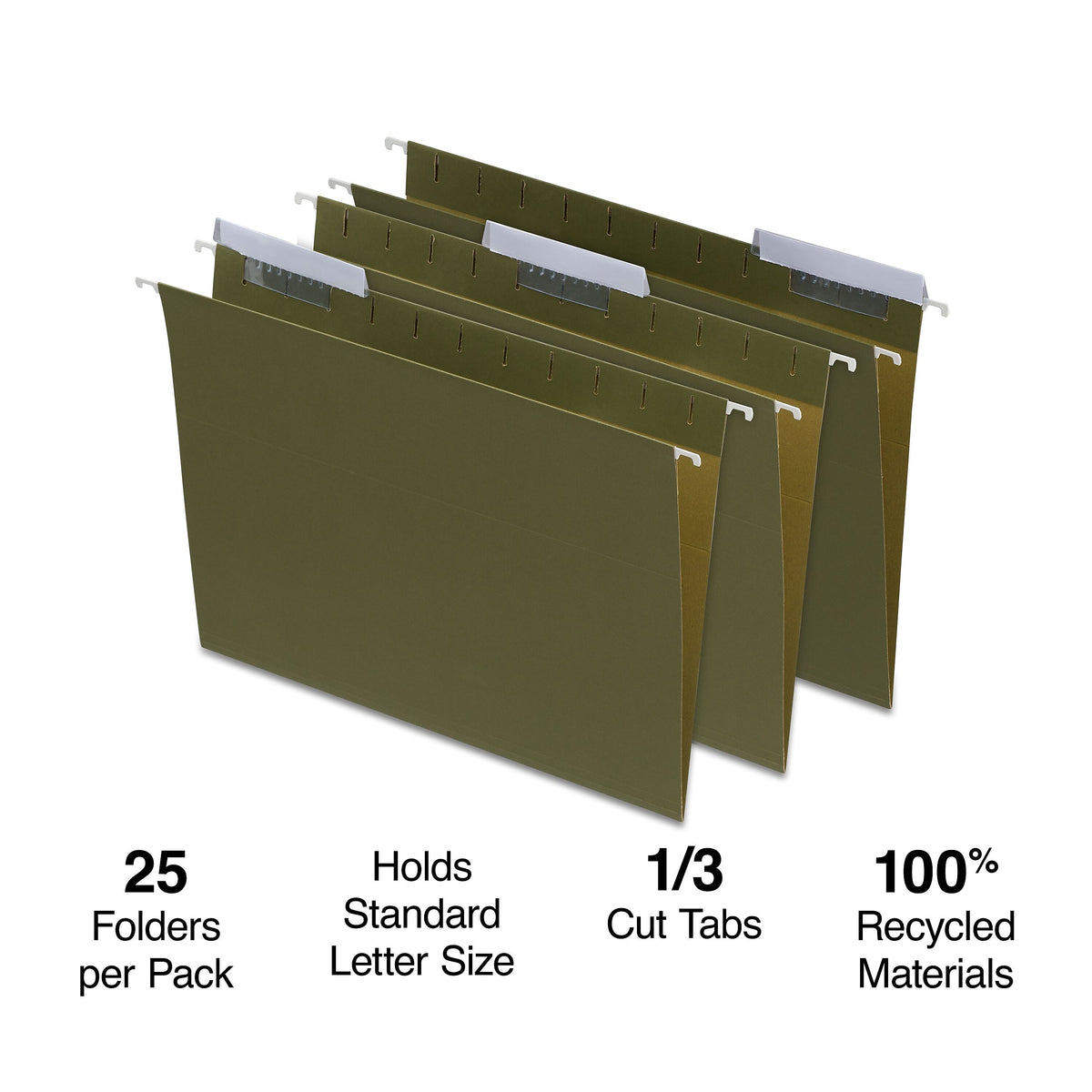 Staples® 95% Recycled Hanging File Folders, 1/3-Cut Tab, Letter Size, Standard Green, 25/Box