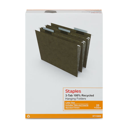 Staples® 95% Recycled Hanging File Folders, 1/3-Cut Tab, Letter Size, Standard Green, 25/Box