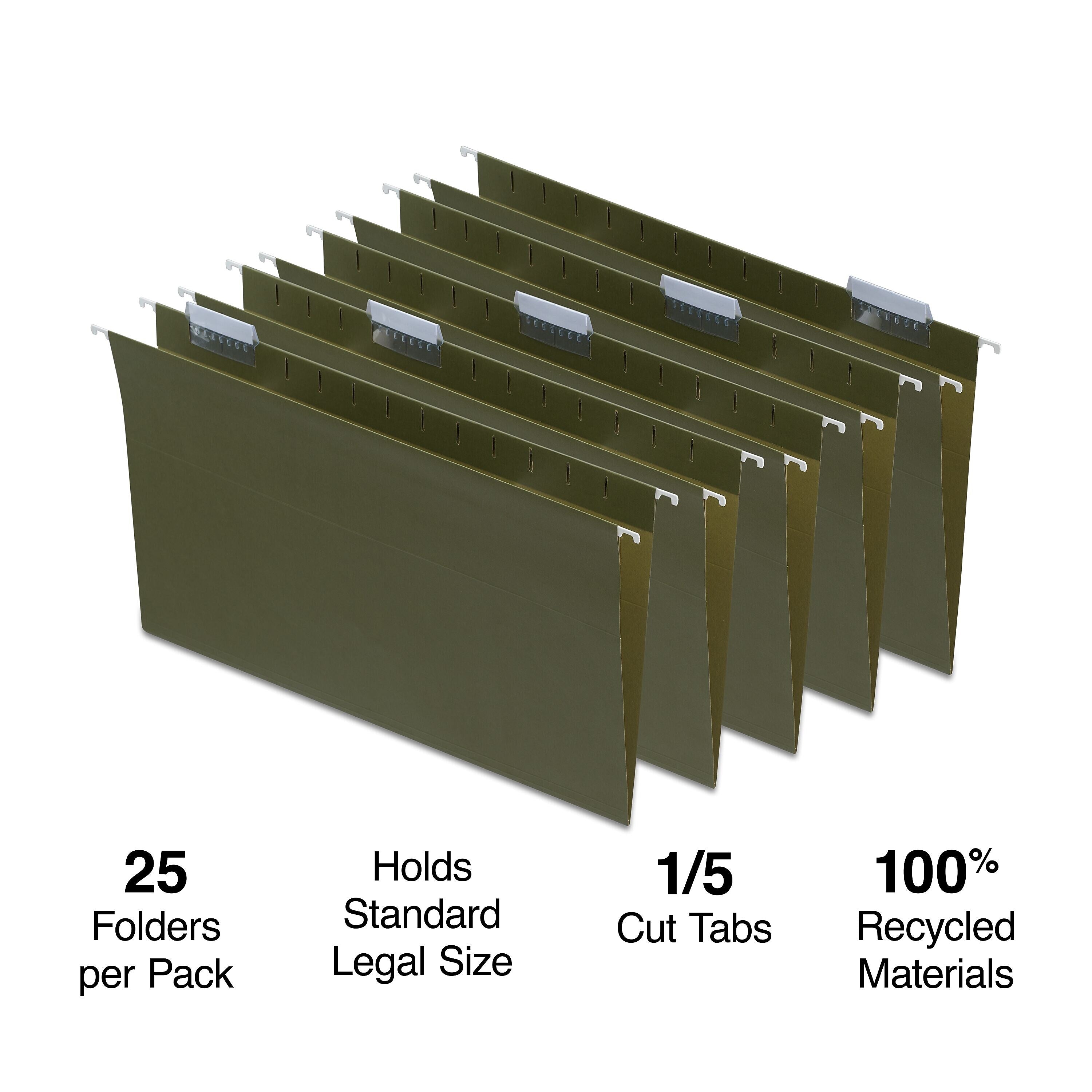 Staples® 95% Recycled Heavy Duty Hanging File Folders, 1/5-Cut Tab, Legal Size, Standard Green, 25/Box