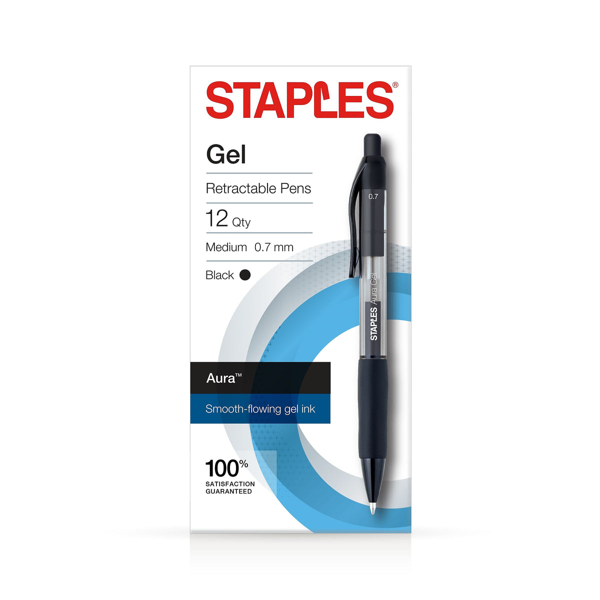 Staples Aura Retractable Gel Pens, Medium Point, Black Ink, Dozen