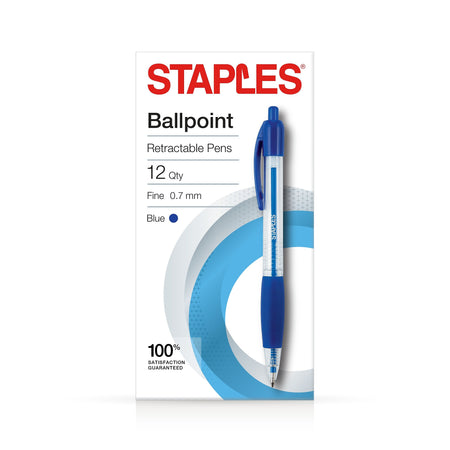 Staples Ballpoint Retractable Pens, Fine Point, Blue Ink, Dozen