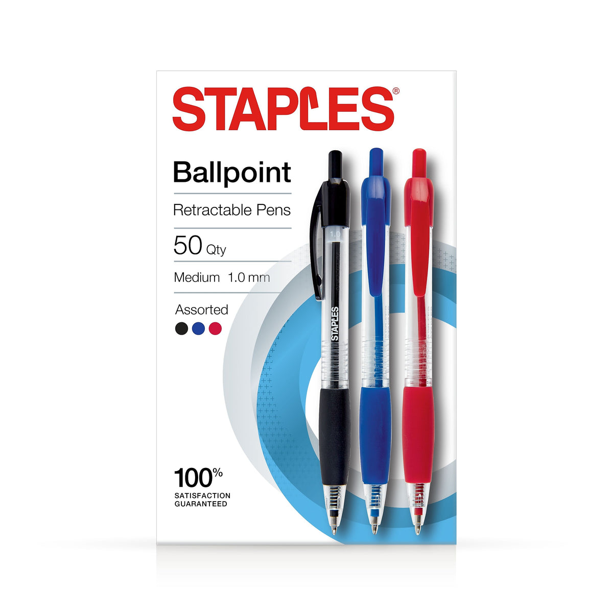 Staples Ballpoint Retractable Pens, Medium Point, Assorted Ink, 50/Pack