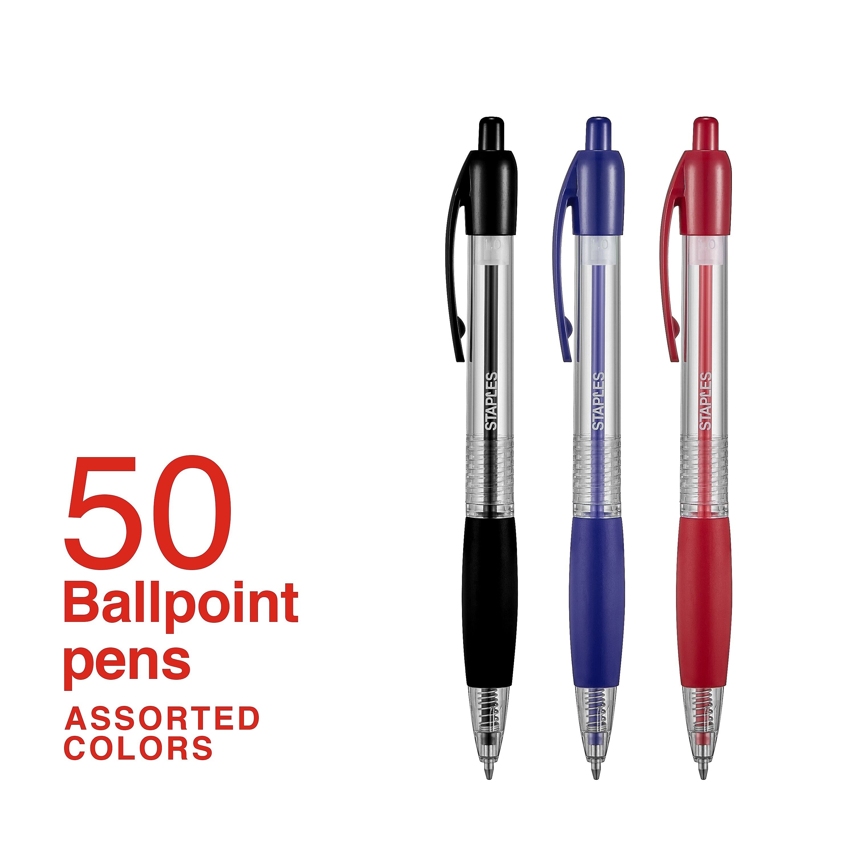 Staples Ballpoint Retractable Pens, Medium Point, Assorted Ink, 50/Pack