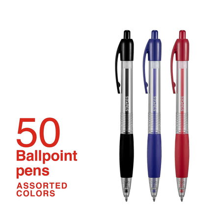 Staples Ballpoint Retractable Pens, Medium Point, Assorted Ink, 50/Pack