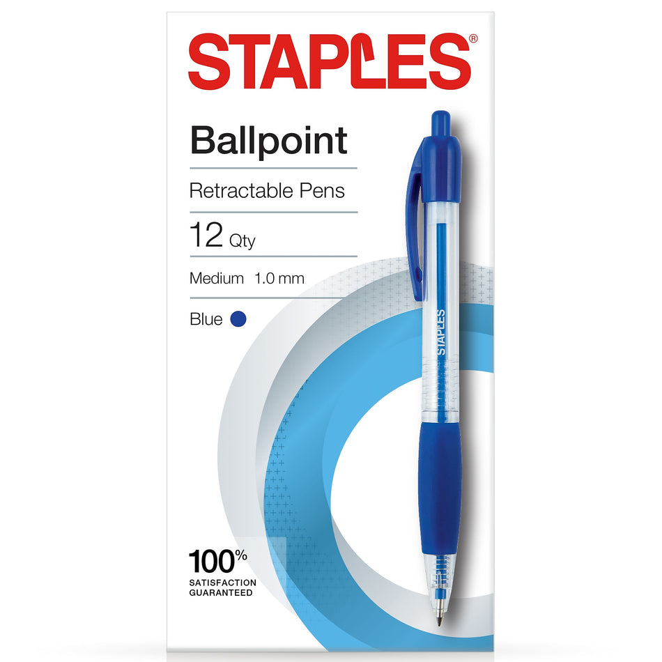 Staples Ballpoint Retractable Pens, Medium Point, Blue Ink, Dozen