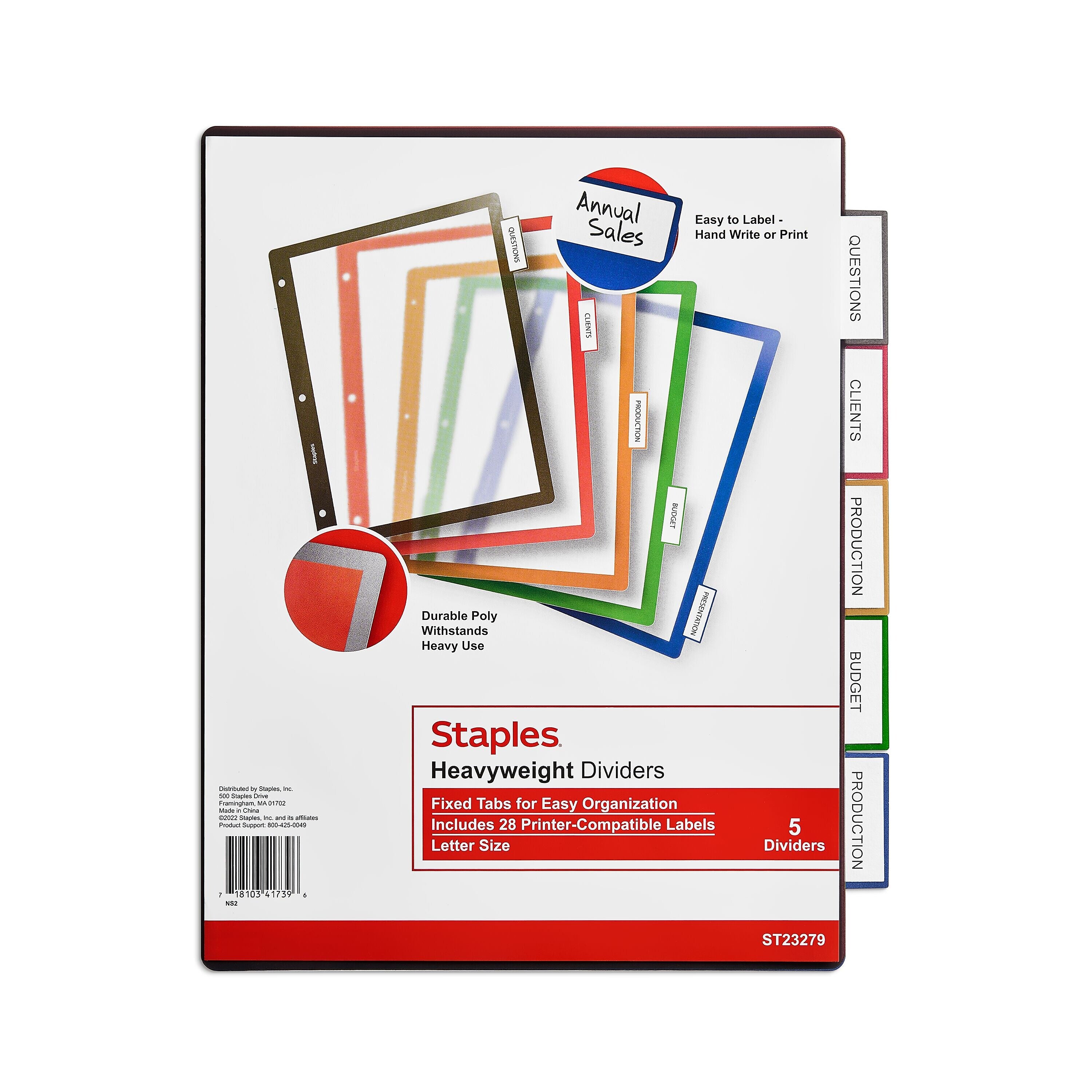 Staples Better Print & Apply Label Plastic Dividers, 5-Tab, Assorted Colors, Set