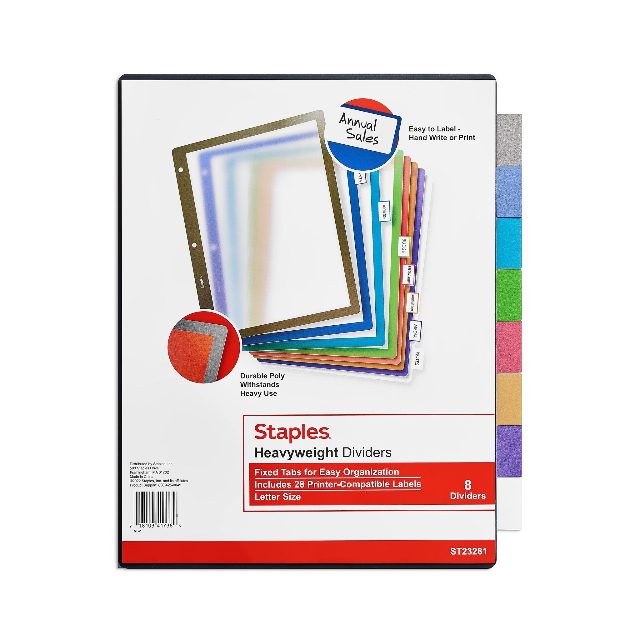 Staples Better Print & Apply Label Plastic Dividers, 8-Tab, Assorted Colors, Set