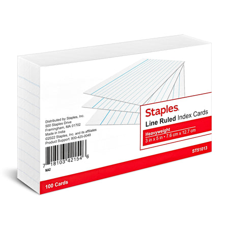 Staples Brand 3" x 5" Index Cards, Lined, White, 100/Pack