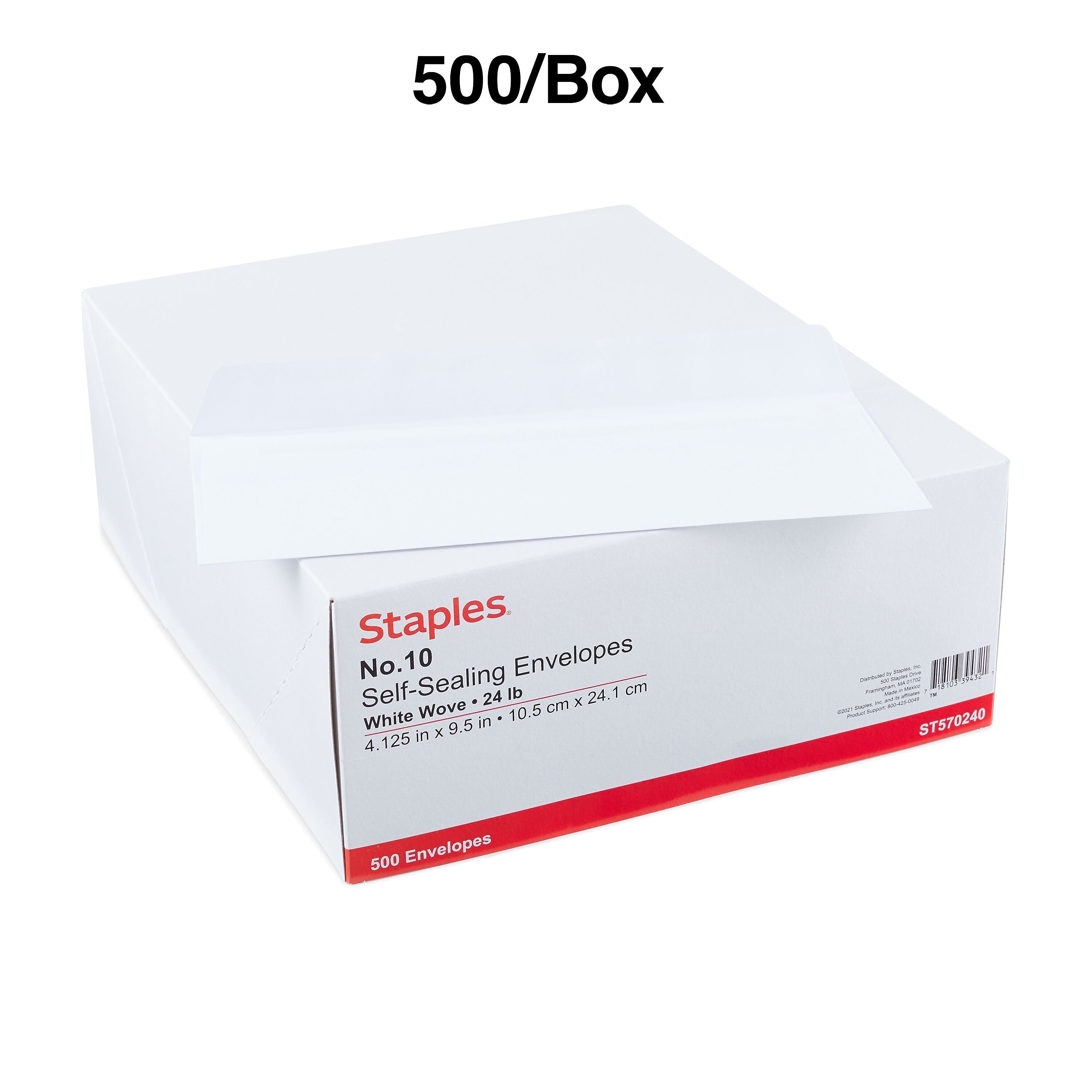 Staples Brand Self Seal #10 Business Envelopes, 4 1/8" x 9 1/2", White, 500/Box