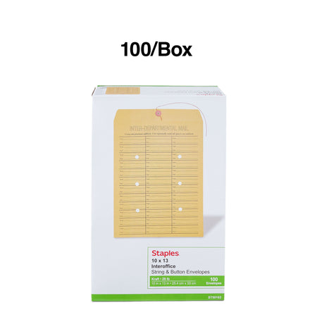 Staples Button & String Inter-Departmental Envelopes, 10" x 13", Brown Kraft, 100/Box