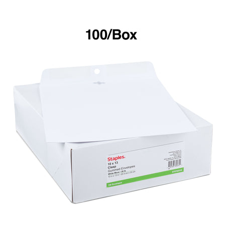 Staples Clasp & Gummed Catalog Envelopes, 10"L x 13"H, Bright White, 100/Box