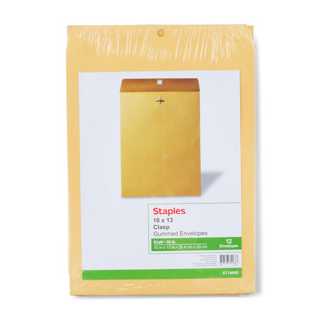 Staples Clasp & Gummed Kraft Catalog Envelopes, 10"W x 13"H, Brown Kraft, 12/Pack