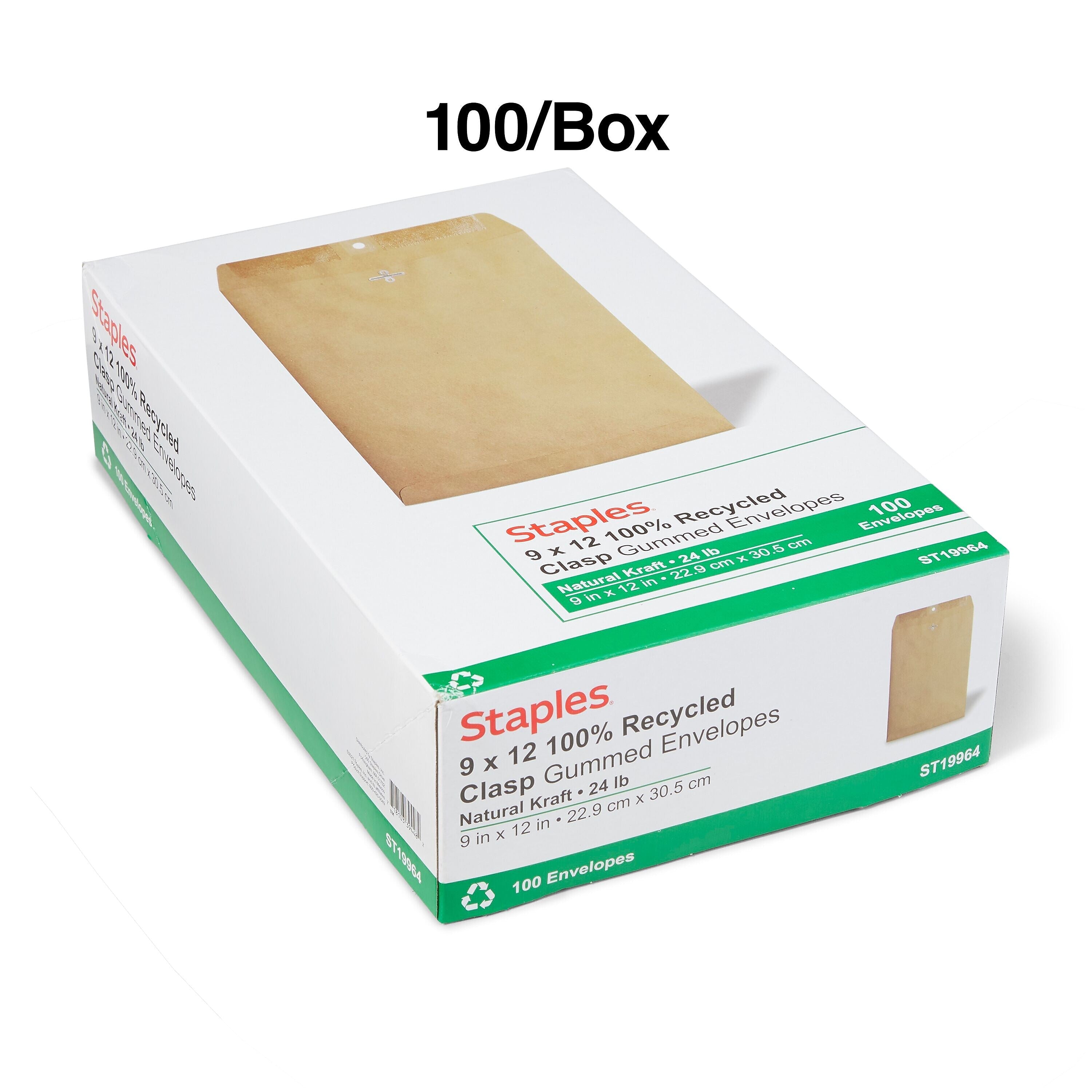 Staples® Clasp & Moistenable Glue #10 Catalog Envelope, 9" x 12", Natural Brown, 100/Box