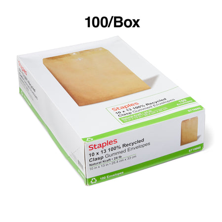 Staples Clasp & Moistenable Glue Catalog Envelopes, 10" x 13", Natural Brown, 100/Box