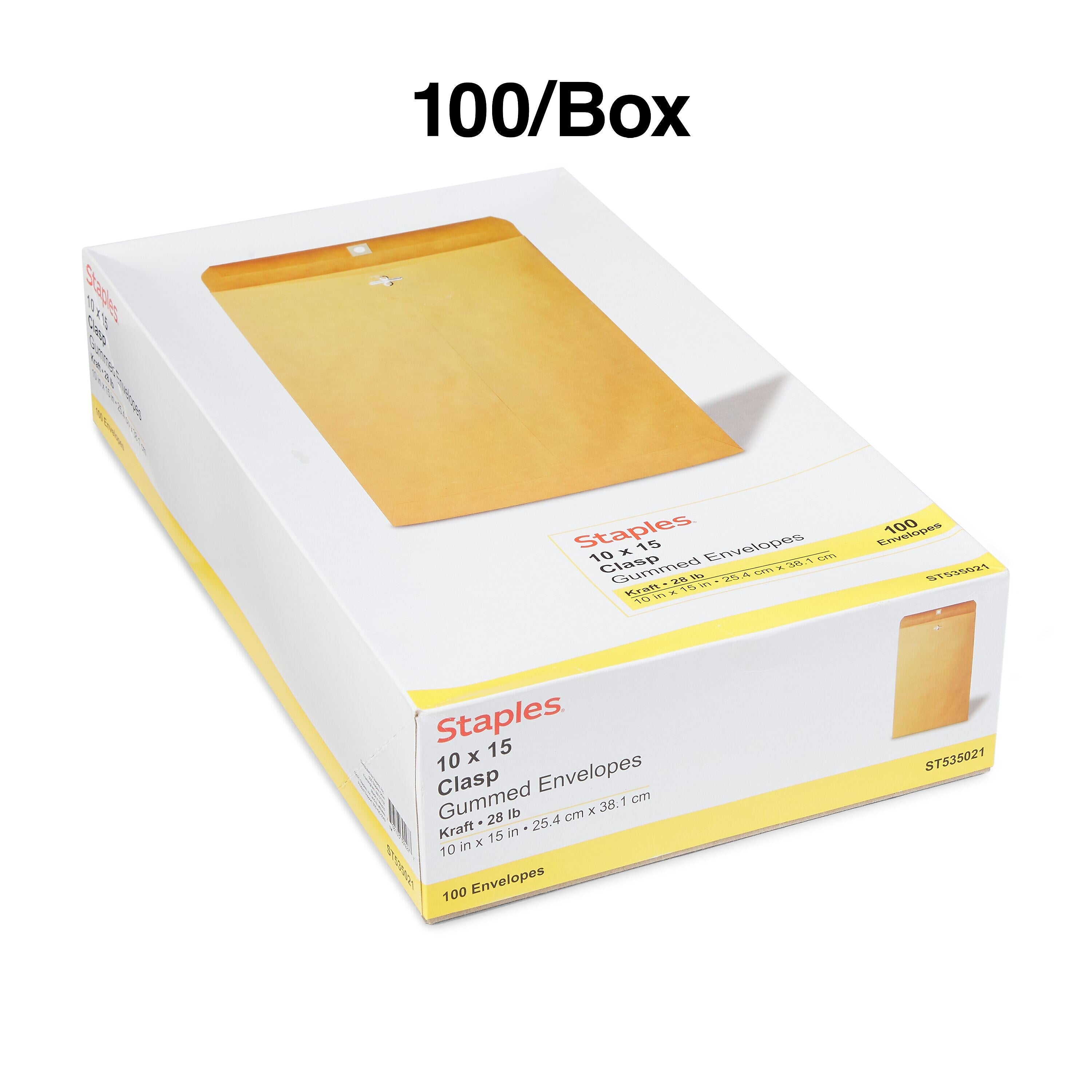 Staples Clasp & Moistenable Glue Catalog Envelopes, 10"L x 15"H, Brown, 100/Box