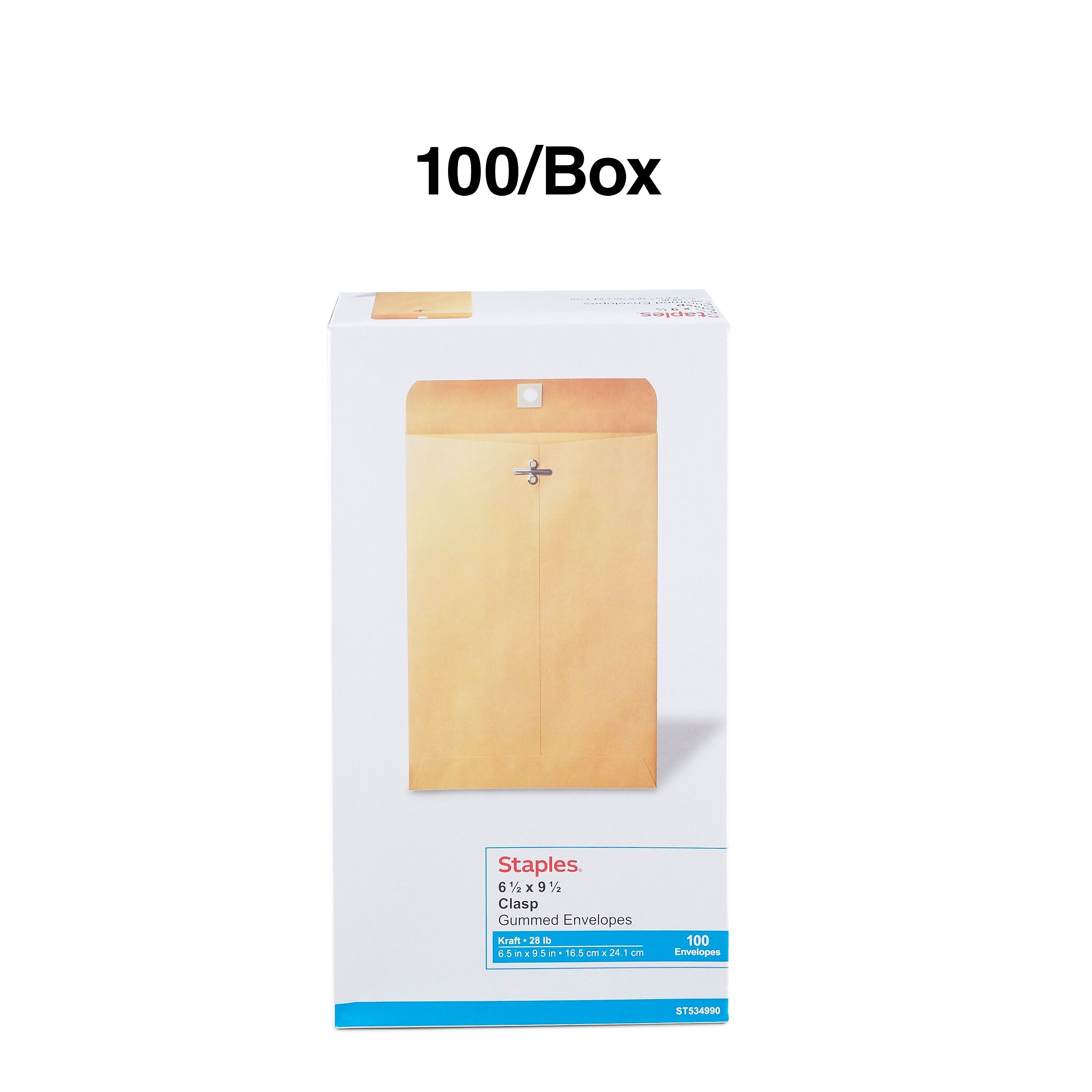 Staples Clasp & Moistenable Glue Catalog Envelopes, 6.5" x 9.5", Brown, 100/Box