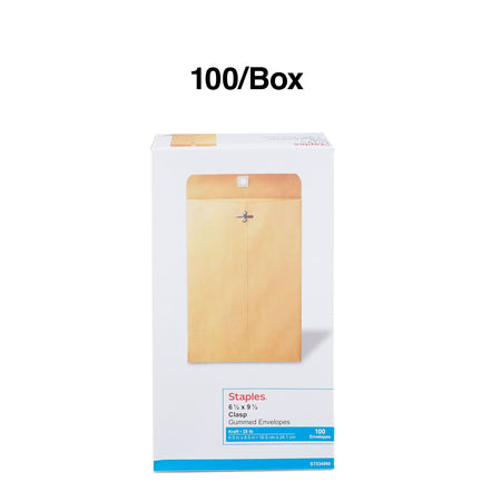 Staples Clasp & Moistenable Glue Catalog Envelopes, 6.5" x 9.5", Brown, 100/Box