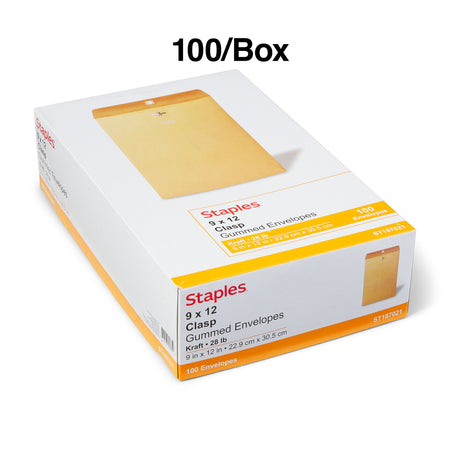 Staples Clasp & Moistenable Glue Catalog Envelopes, 9"L x 12"H, Brown, 100/Box