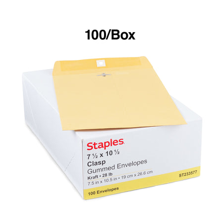 Staples Clasp & Moistenable Glue Kraft Catalog Envelopes, 7.5"L x 10.5"H, Brown, 100/Box