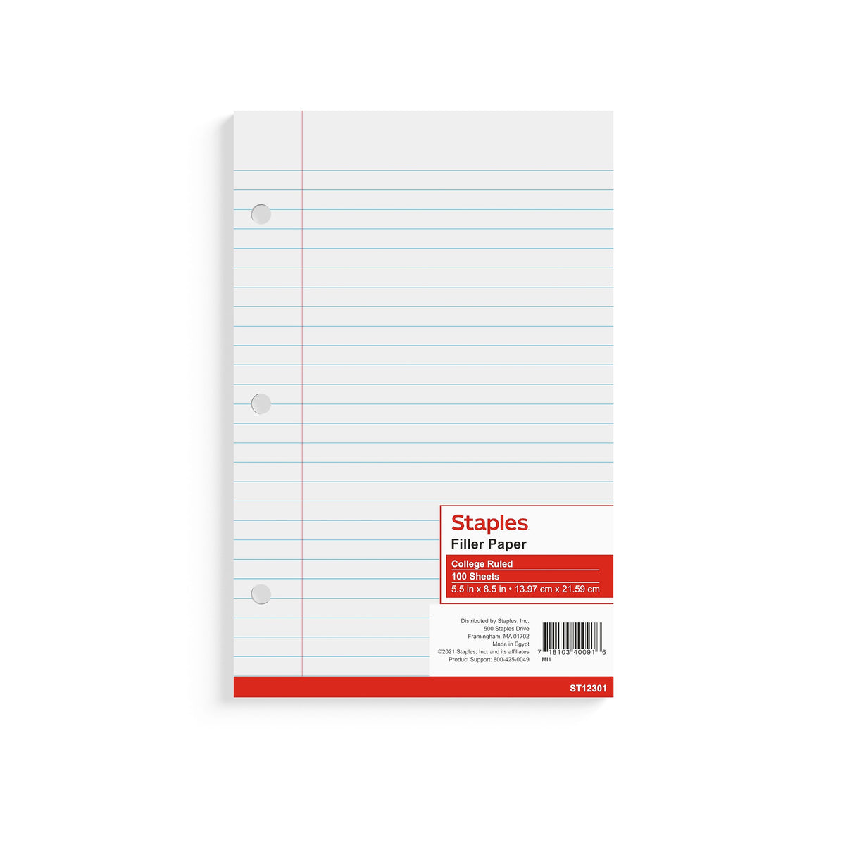 Staples® College Ruled Filler Paper, 5.5" x 8.5", 3-Hole Punched, White, 100 Sheets/Pack