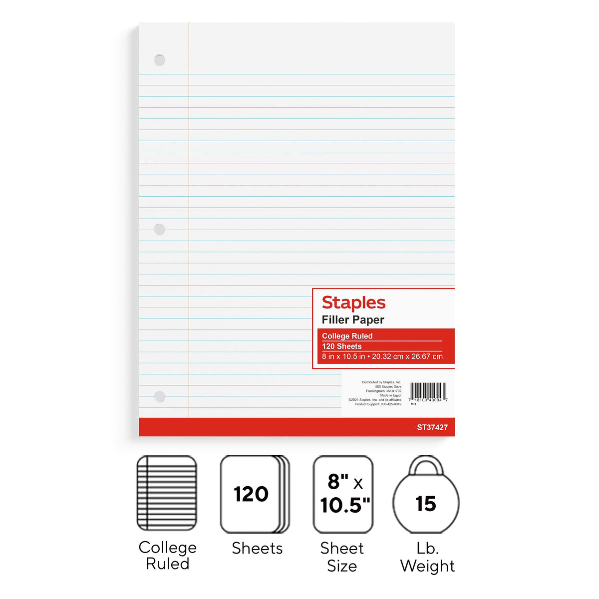 Staples® College Ruled Filler Paper, 8" x 10.5", White, 120 Sheets/Pack