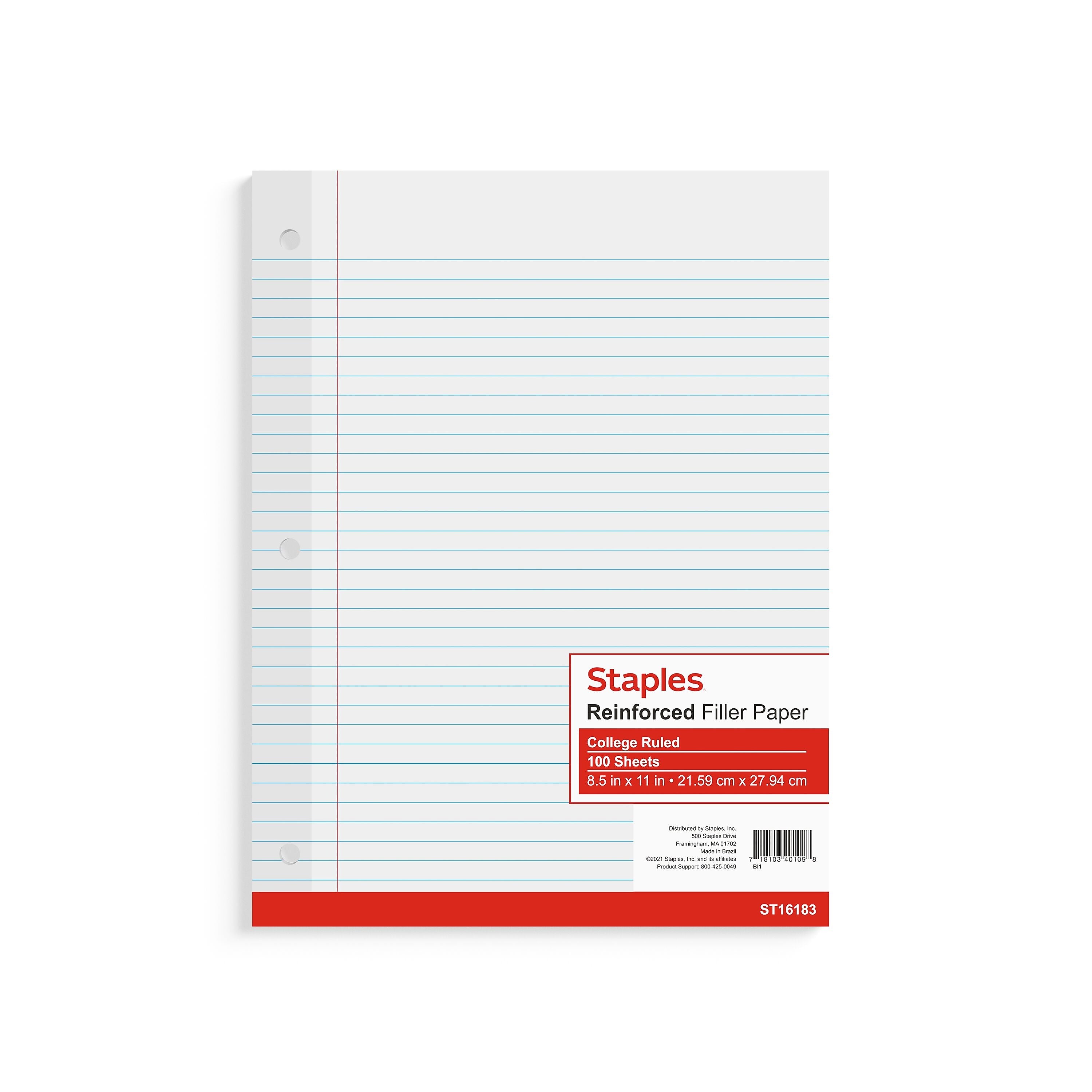 Staples College Ruled Filler Paper, 8.5" x 11", 100 Sheets/Pack