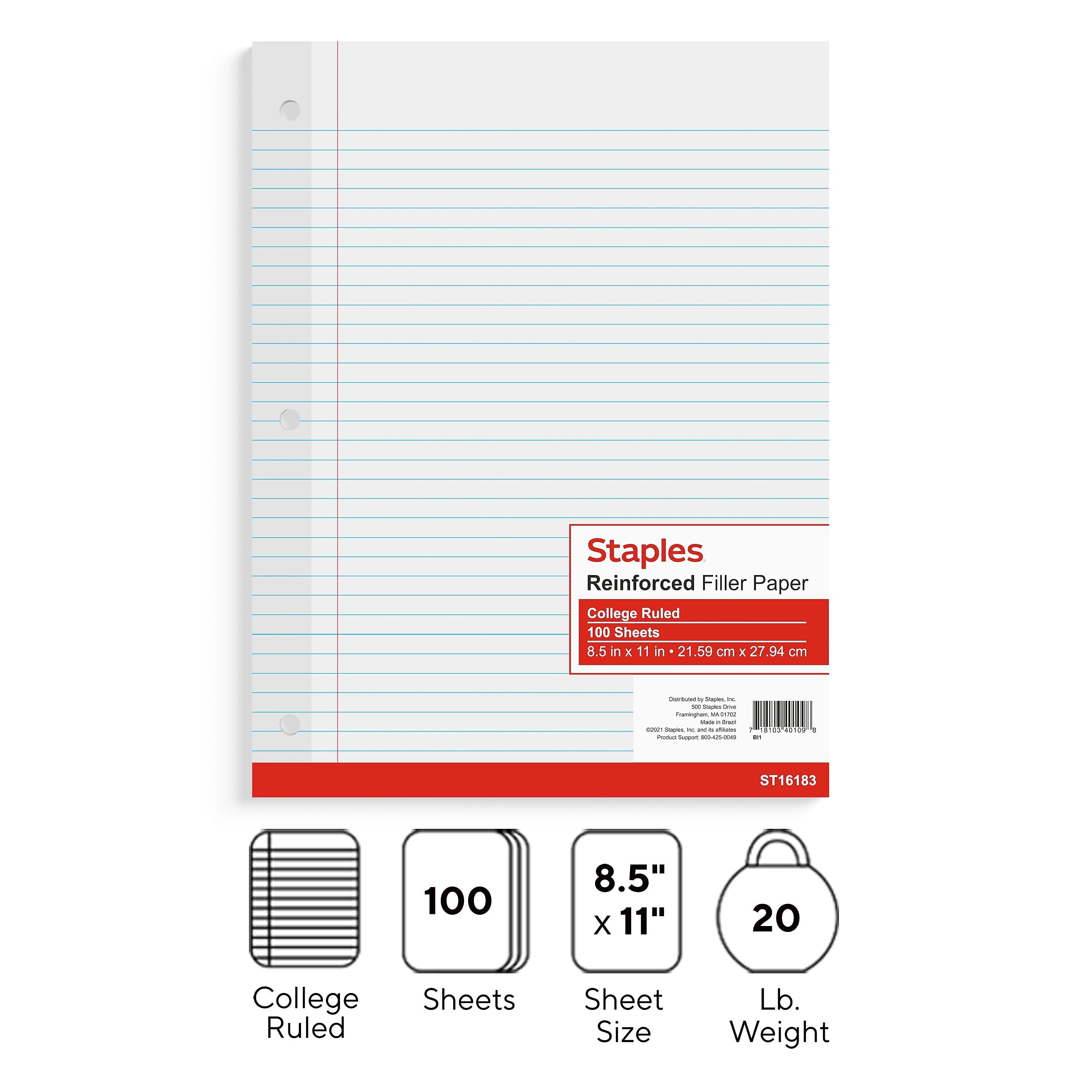 Staples College Ruled Filler Paper, 8.5