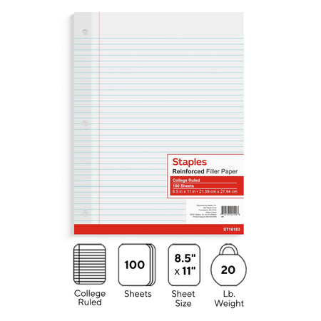 Staples College Ruled Filler Paper, 8.5" x 11", 100 Sheets/Pack