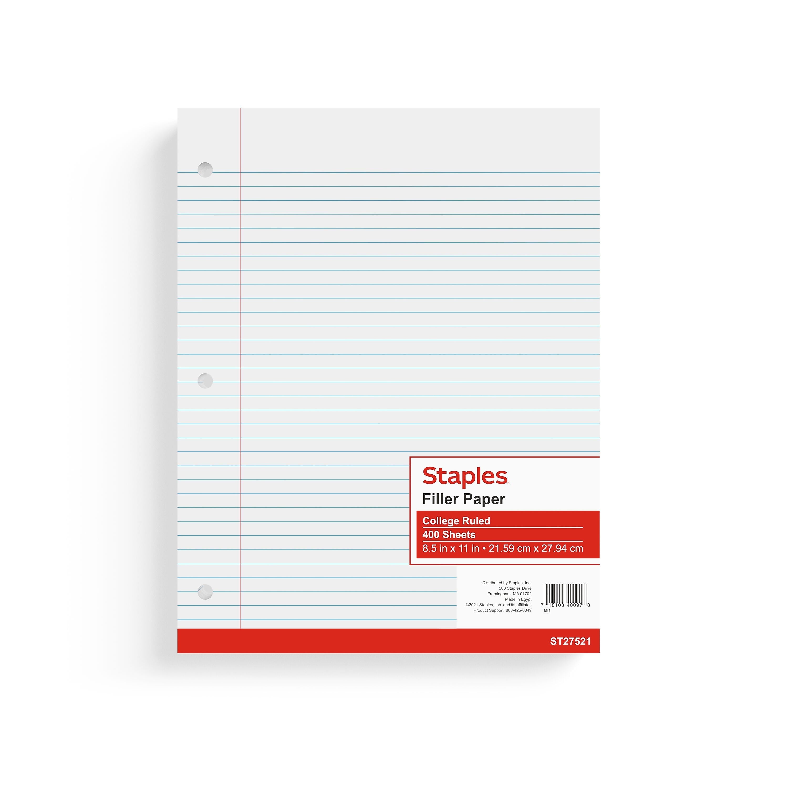 Staples College Ruled Filler Paper, 8.5" x 11", White, 400 Sheets/Pack, 12 Packs/Carton