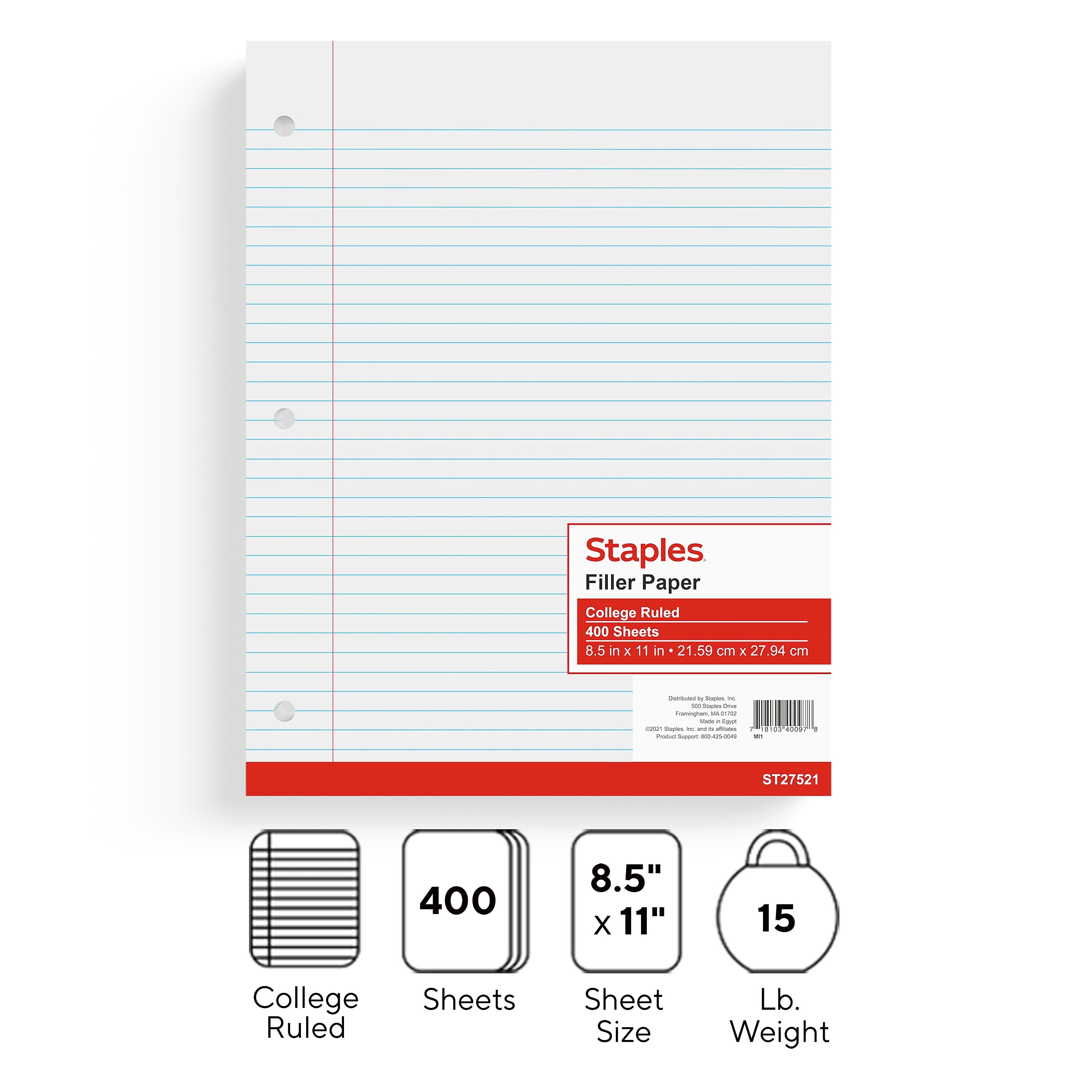 Staples® College Ruled Filler Paper, 8.5" x 11", White, 400 Sheets/Pack