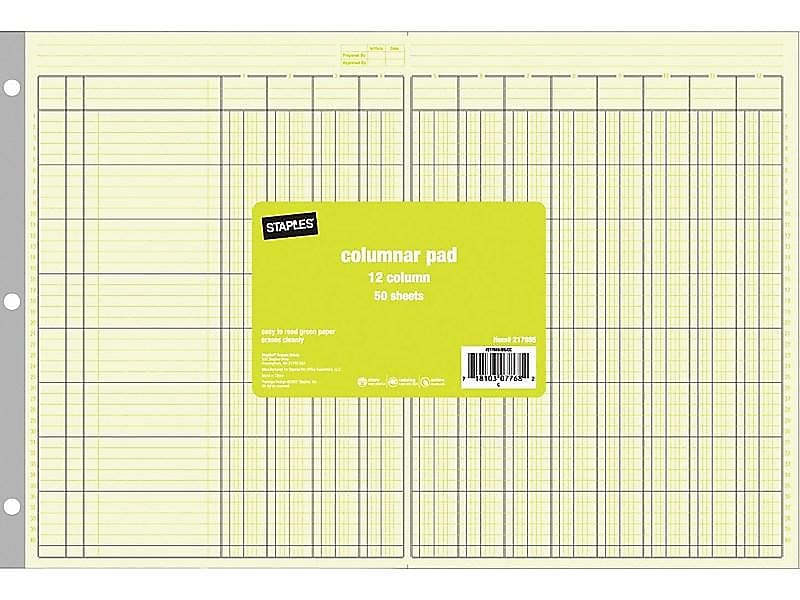 Staples® Columnar Book, 12 Columns, 16.31" x 11", Green, 50 Sheets/Book