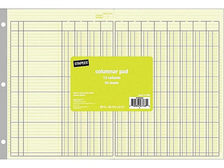 Staples® Columnar Book, 12 Columns, 16.31" x 11", Green, 50 Sheets/Book