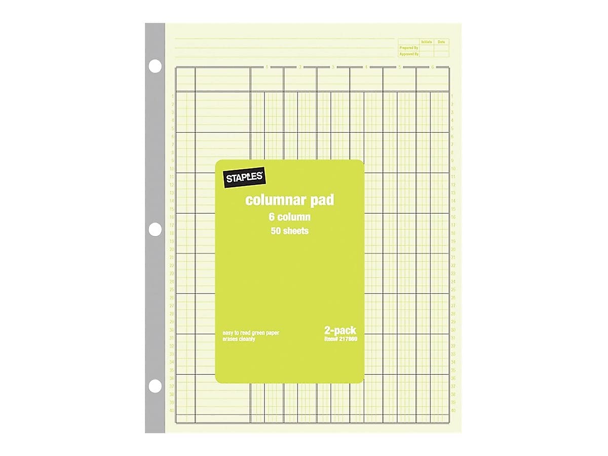 Staples Columnar Books, 100 Pages, 6 Columns, Green, 2/Pack