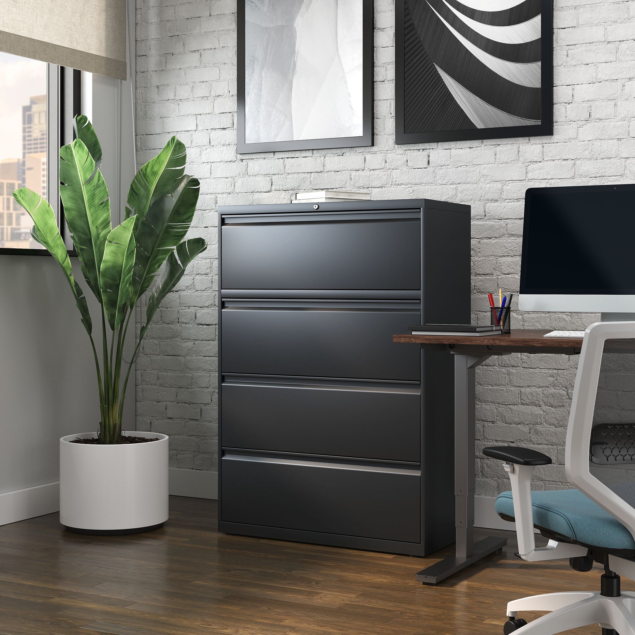 Staples Commercial 4 File Drawer Lateral File Cabinet, Locking, Black, Letter/Legal, 36