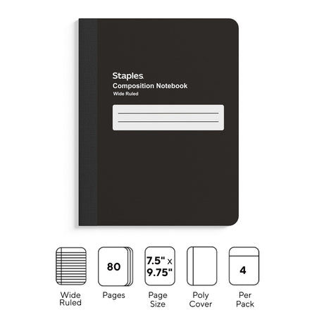 Staples Composition Notebook, 7.5" x 9.75", Black, 4/Pack