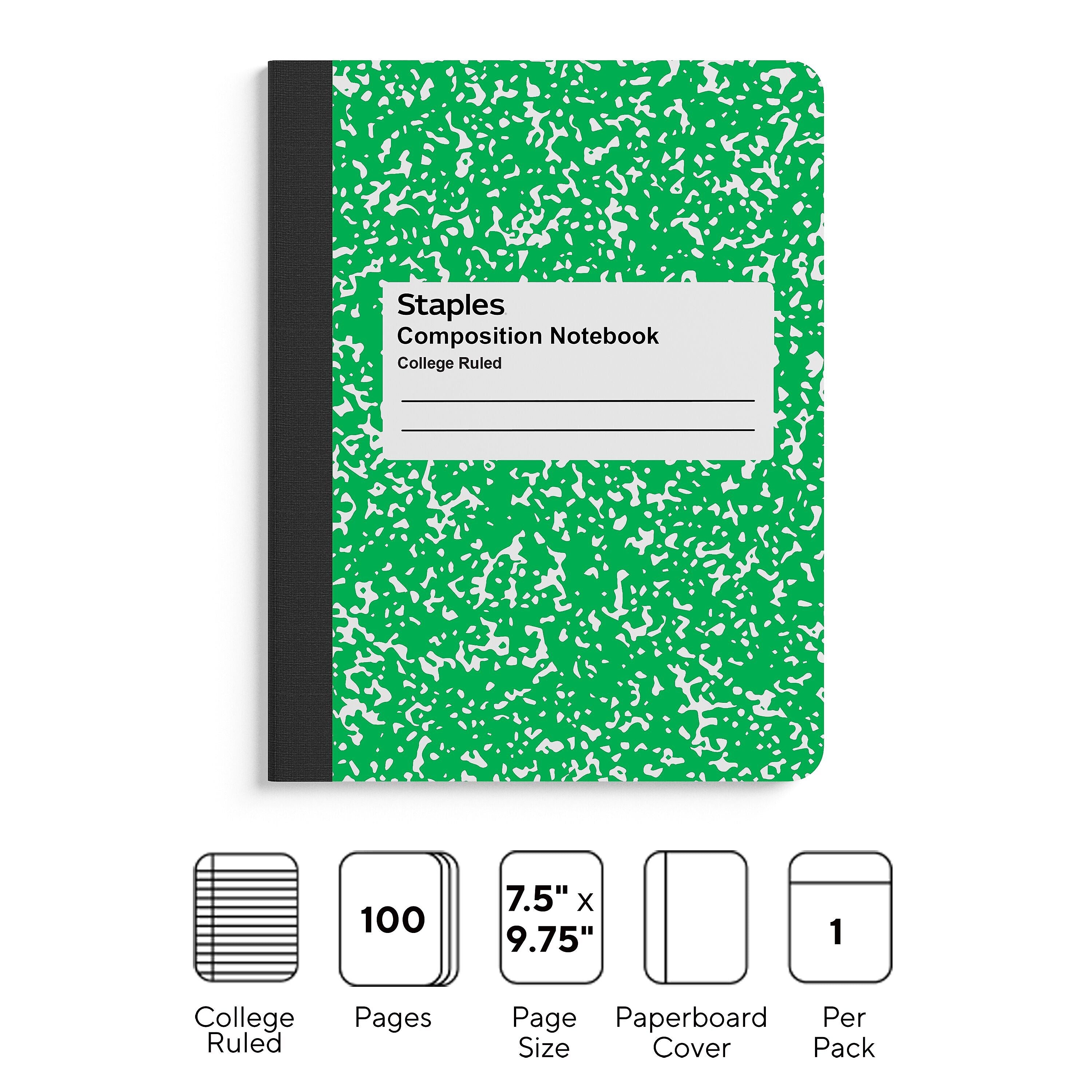 Staples® Composition Notebook, 7.5" x 9.75", College Ruled, 100 Sheets, Green