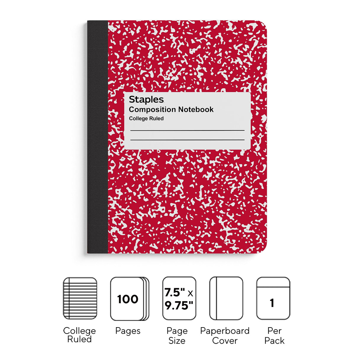 Staples® Composition Notebook, 7.5" x 9.75", College Ruled, 100 Sheets, Red