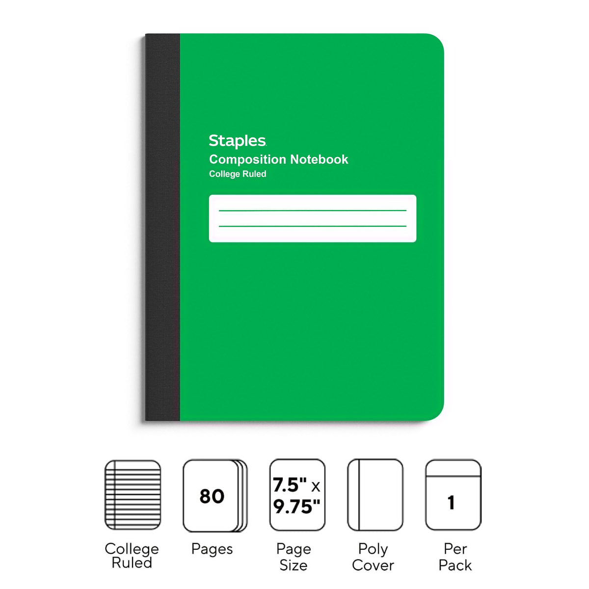 Staples Composition Notebook, 7.5" x 9.75", College Ruled, 80 Sheets, Green