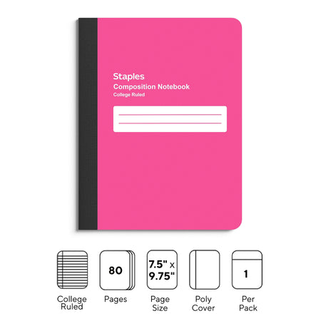 Staples Composition Notebook, 7.5" x 9.75", College Ruled, 80 Sheets, Pink