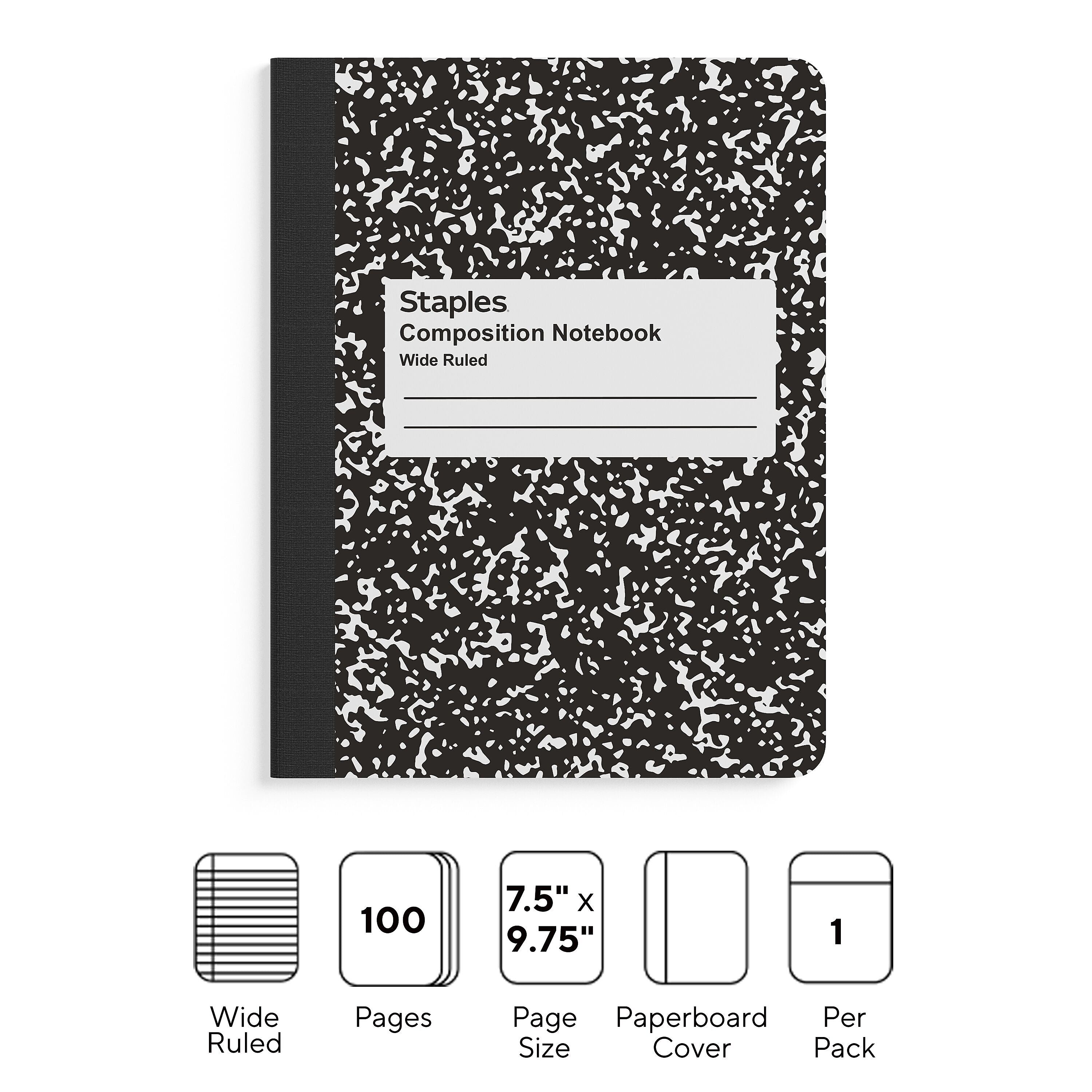 Staples® Composition Notebook, 7.5" x 9.75", Wide Ruled, 100 Sheets, Black