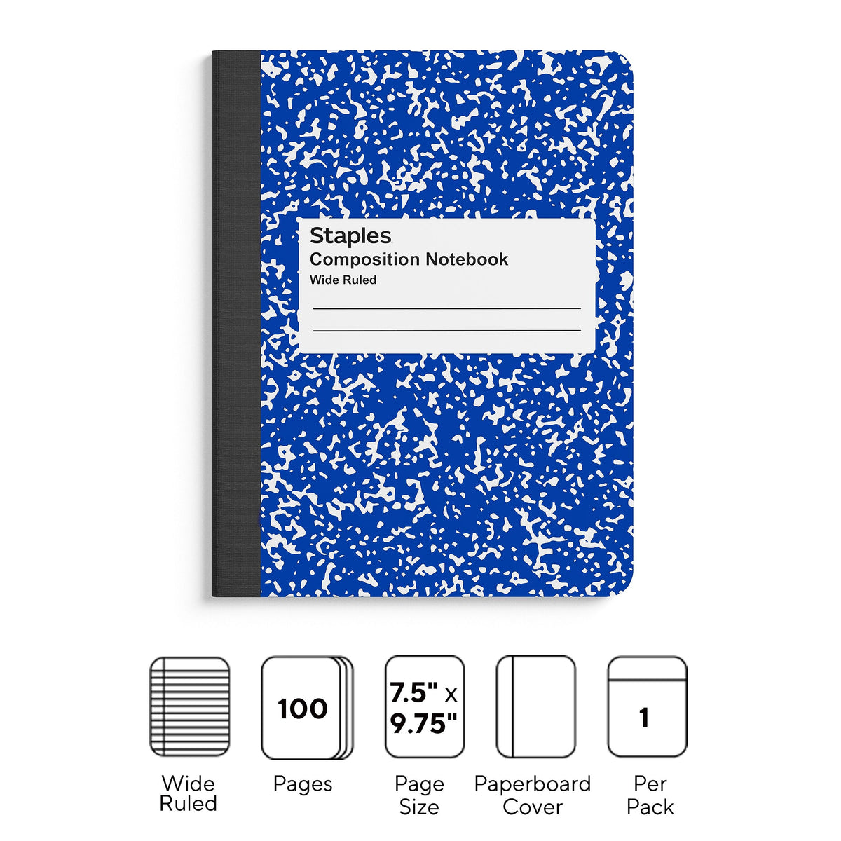 Staples® Composition Notebook, 7.5" x 9.75", Wide Ruled, 100 Sheets, Blue