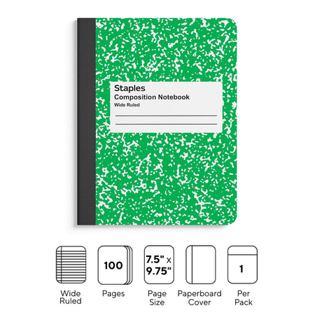 Staples® Composition Notebook, 7.5" x 9.75", Wide Ruled, 100 Sheets, Green