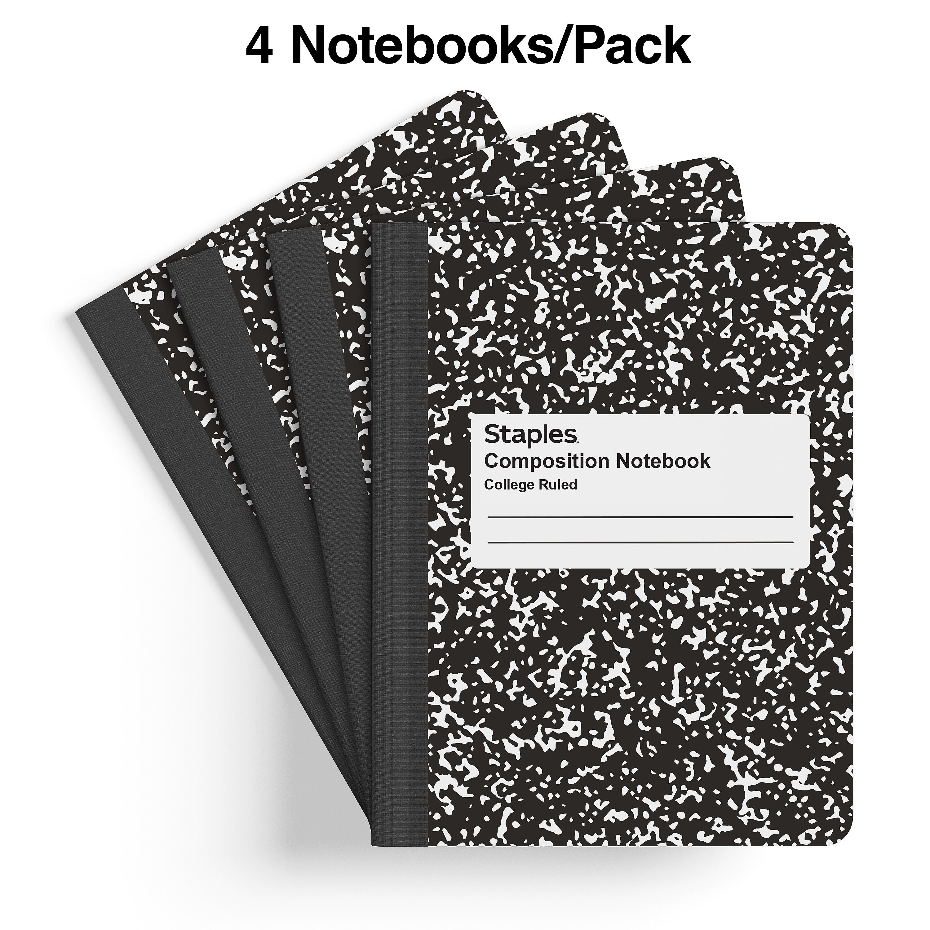 Staples® Composition Notebooks, 7.5" x 9.75", College Ruled, 100 Sheets, Black/White Marble, 4/Pack