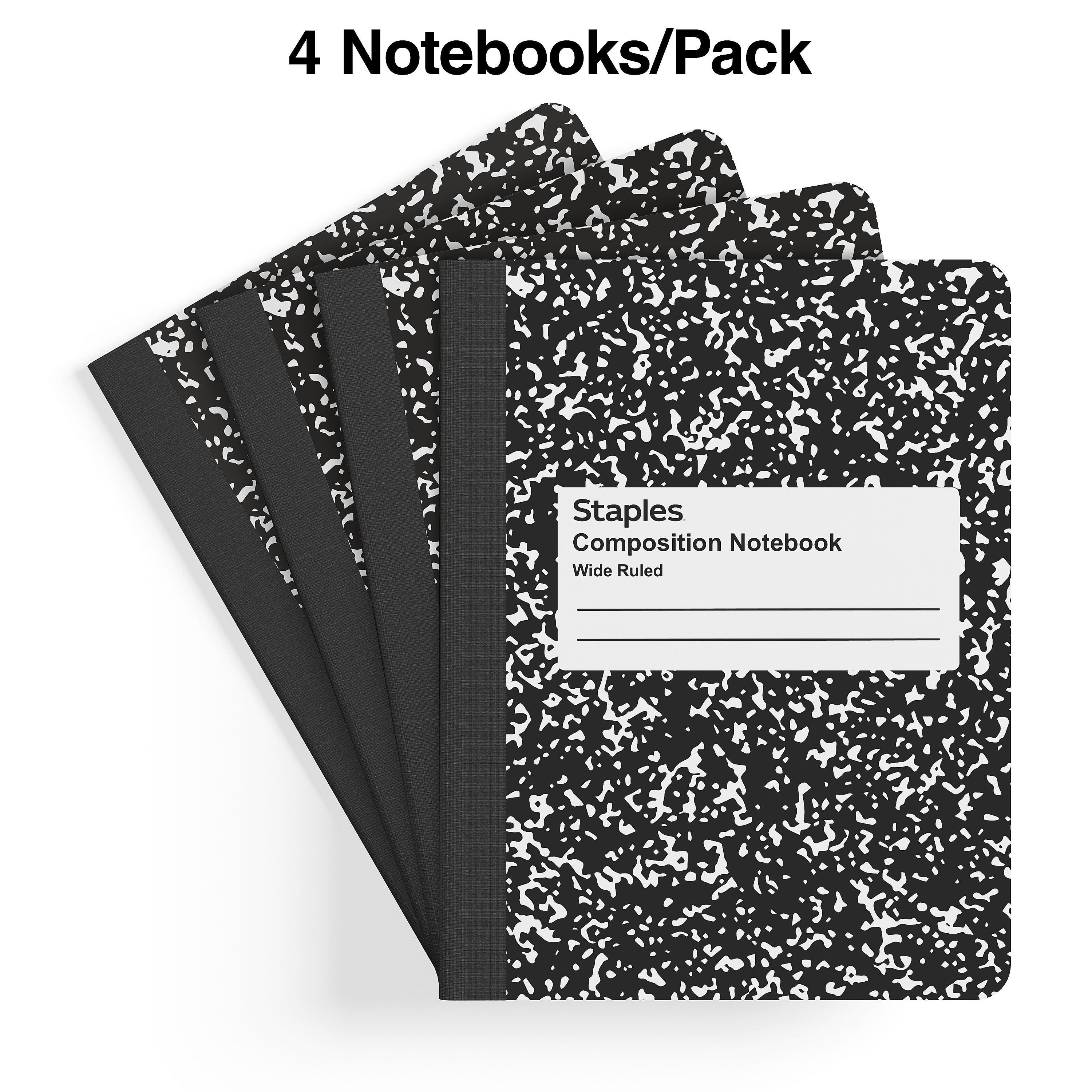 Staples® Composition Notebooks, 7.5" x 9.75", Wide Ruled, 100 Sheets, Black/White Marble, 4/Pack