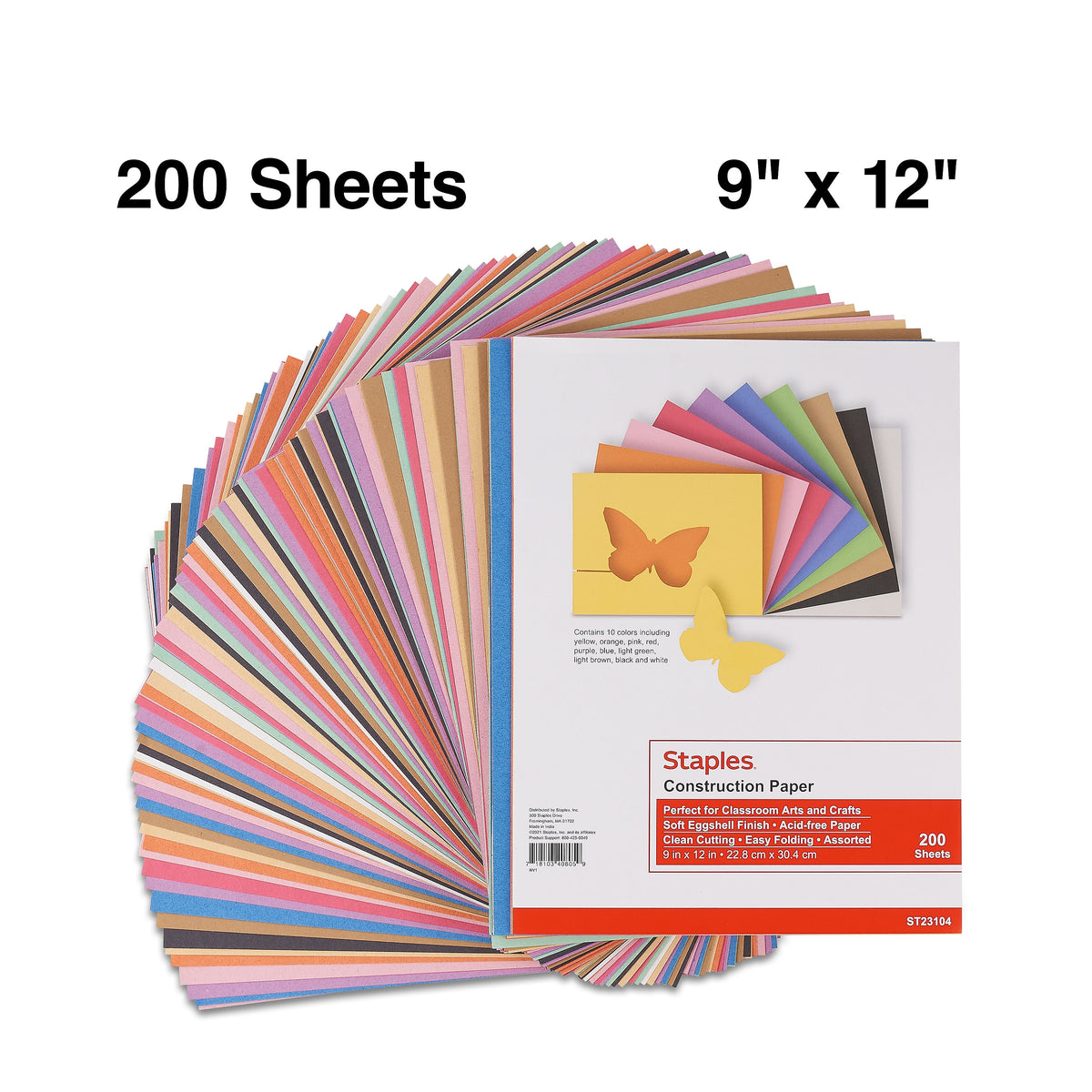 Staples Construction Paper, 9"W x 12"L, Assorted, 200/Pack