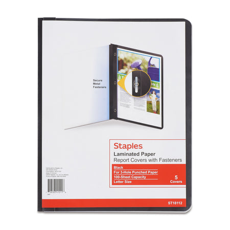 Staples Deluxe 3-Prong Report Cover, Letter Size, Black, 5/Pack