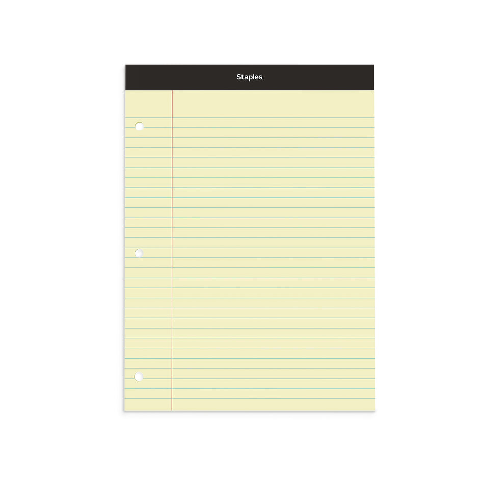 Staples Double-Sheet Notepad, 8.5" x 11.75", Wide Ruled, Canary, 100 Sheets/Pad