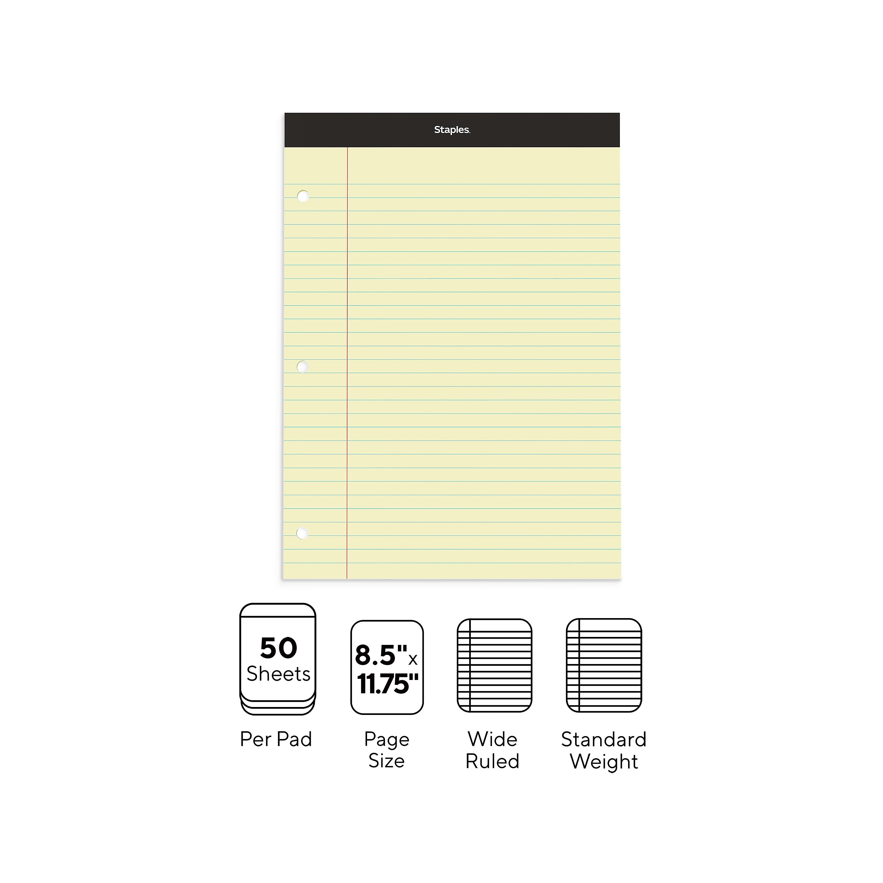 Staples Double-Sheet Notepad, 8.5" x 11.75", Wide Ruled, Canary, 100 Sheets/Pad