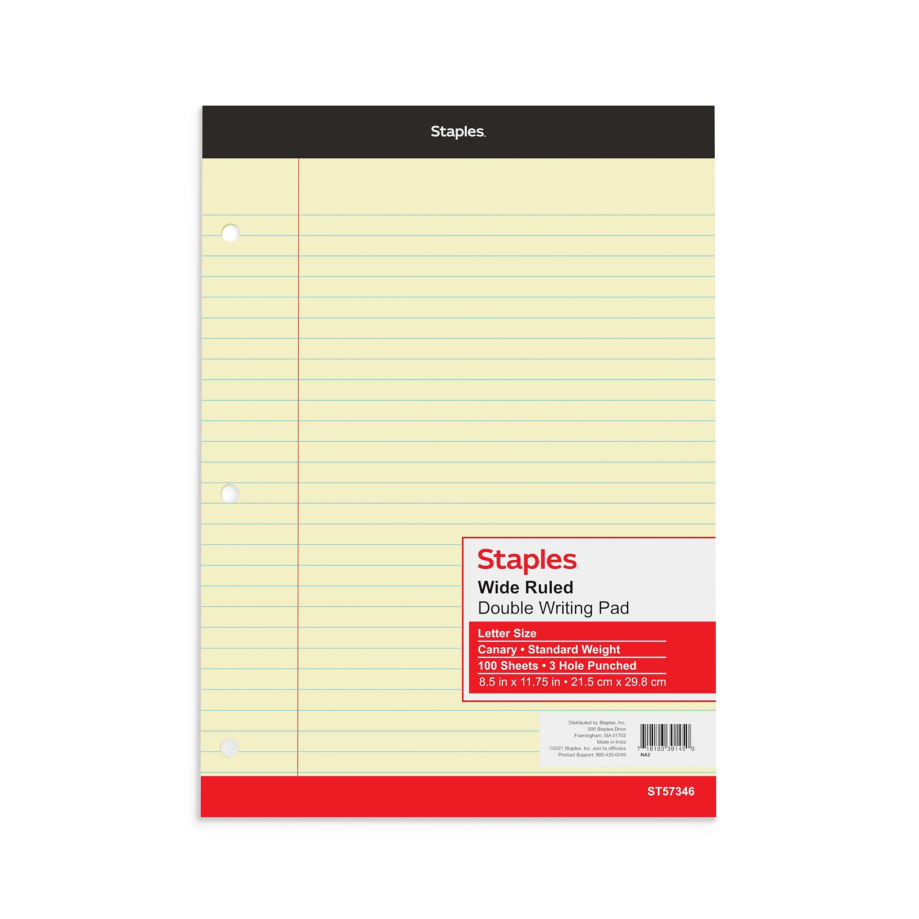 Staples Double-Sheet Notepad, 8.5" x 11.75", Wide Ruled, Canary, 100 Sheets/Pad