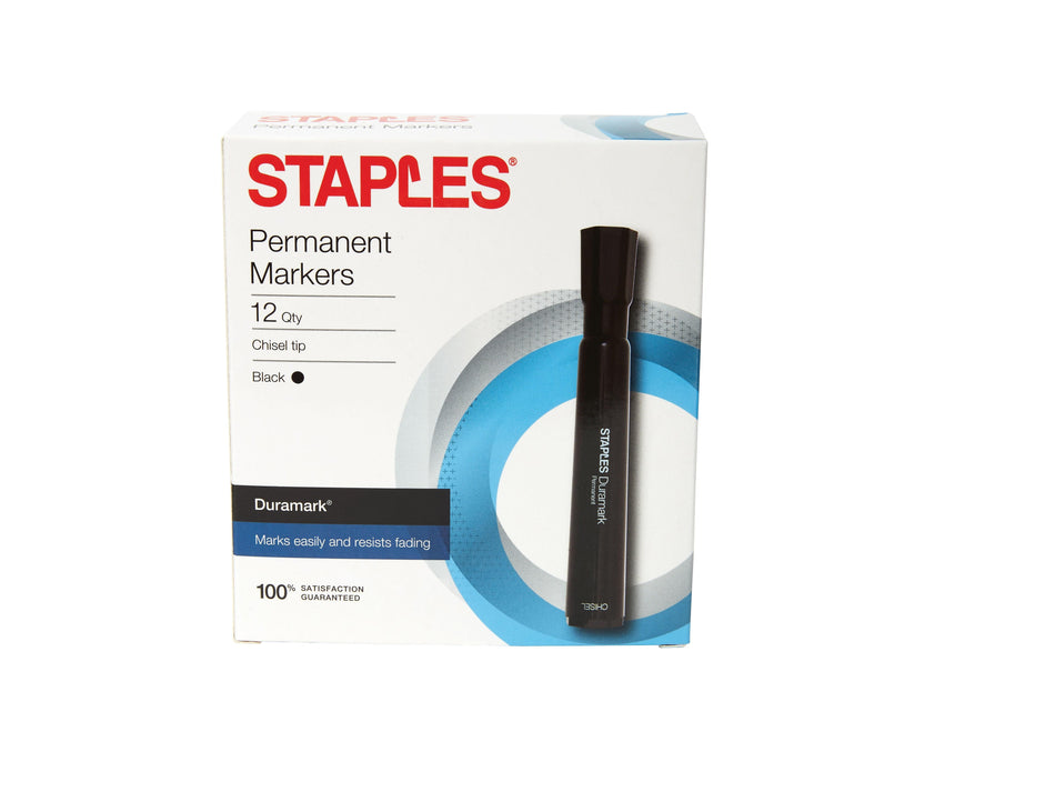 Staples DuraMark Permanent Marker, Chisel Point, Black, 12/Pack